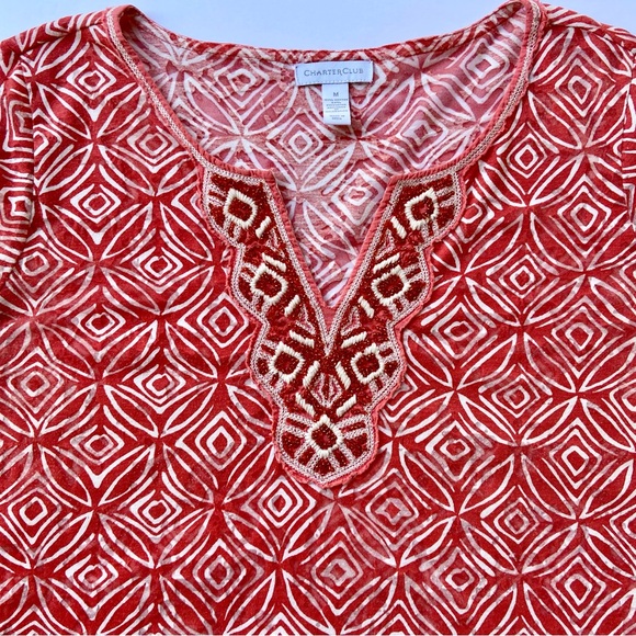 CHARTER CLUB Semi-Sheer Orange and White Beaded Tunic Top Women’s Size Medium - Picture 5 of 11